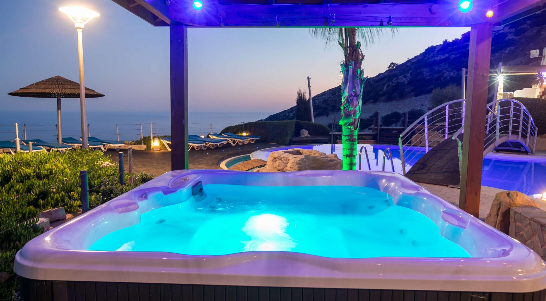 Enjoy a Hot Tub Jacuzzi at Panorama Villa in Paphos – the perfect amenity for bachelor and wedding parties.