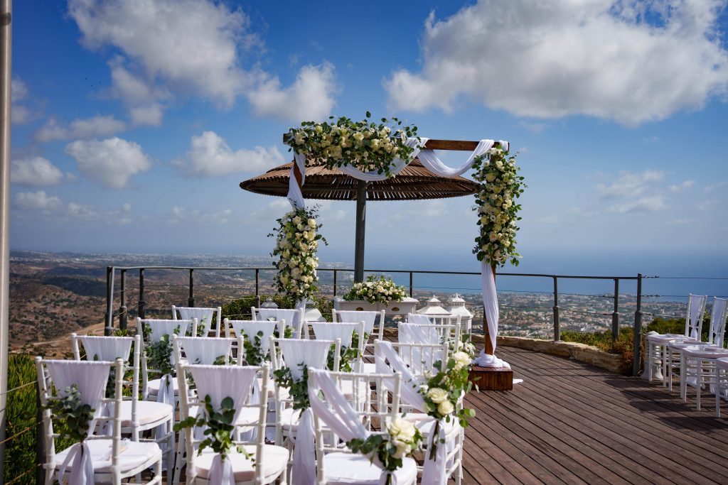 Wedding ceremony with white Chiavari chairs