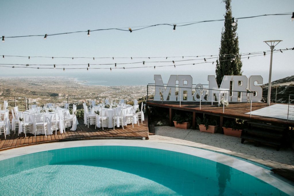 A dinner reception set up for a destination wedding in Cyprus.